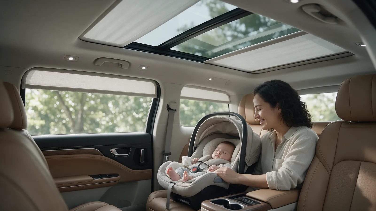 Baby asleep in an infant car seat in the second row of an MPV, mother smiling beside