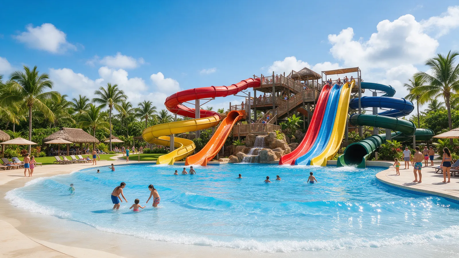 Families playing in a wave pool below colourful water slides at a tropical waterpark