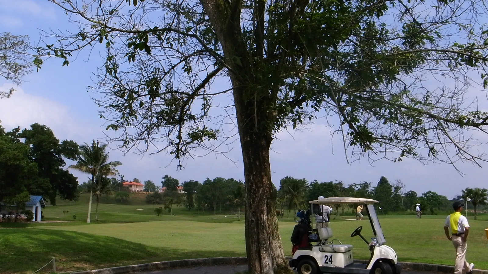 Golf buggy parked beside a shady tree on a fairway at Starhill Golf & Country Club in Johor Bahru