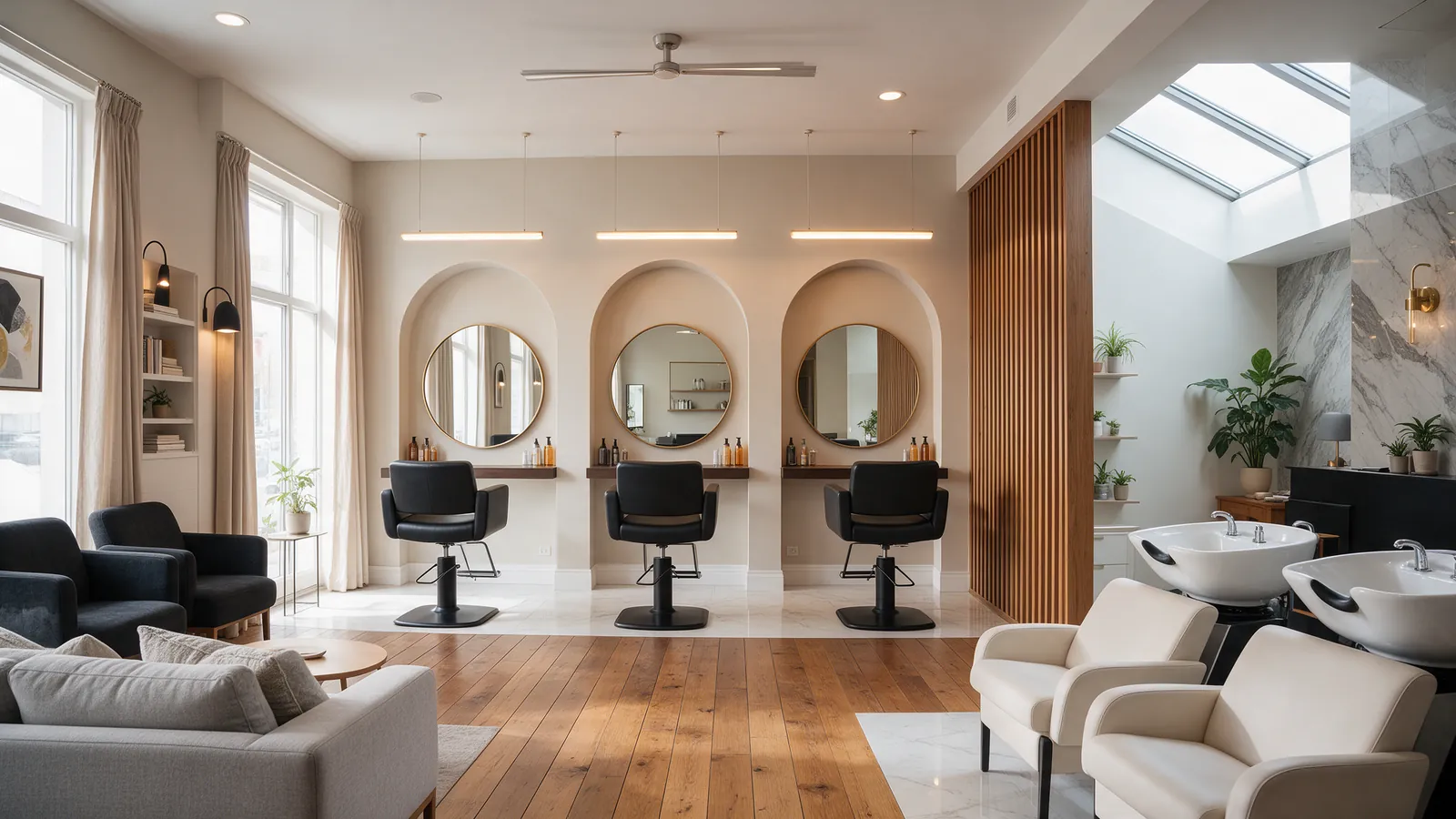 Bright modern hair salon with round mirrors, styling chairs and wash basins