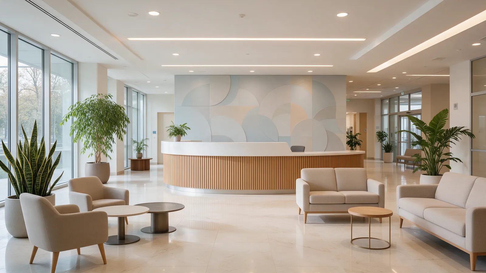 Bright hospital reception lobby with sofas and plants