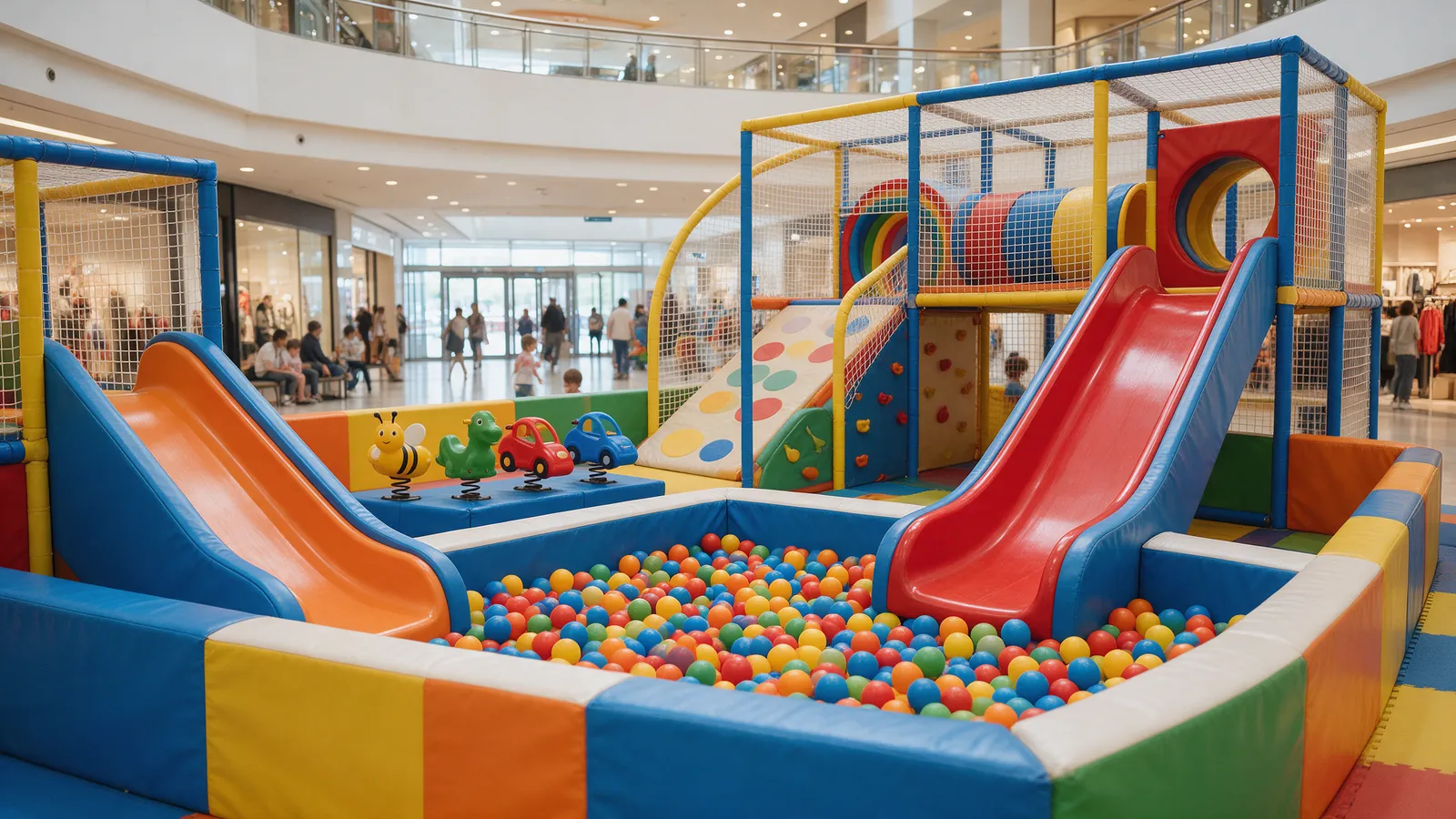 Colourful indoor soft play area with slides and a ball pit inside a shopping mall