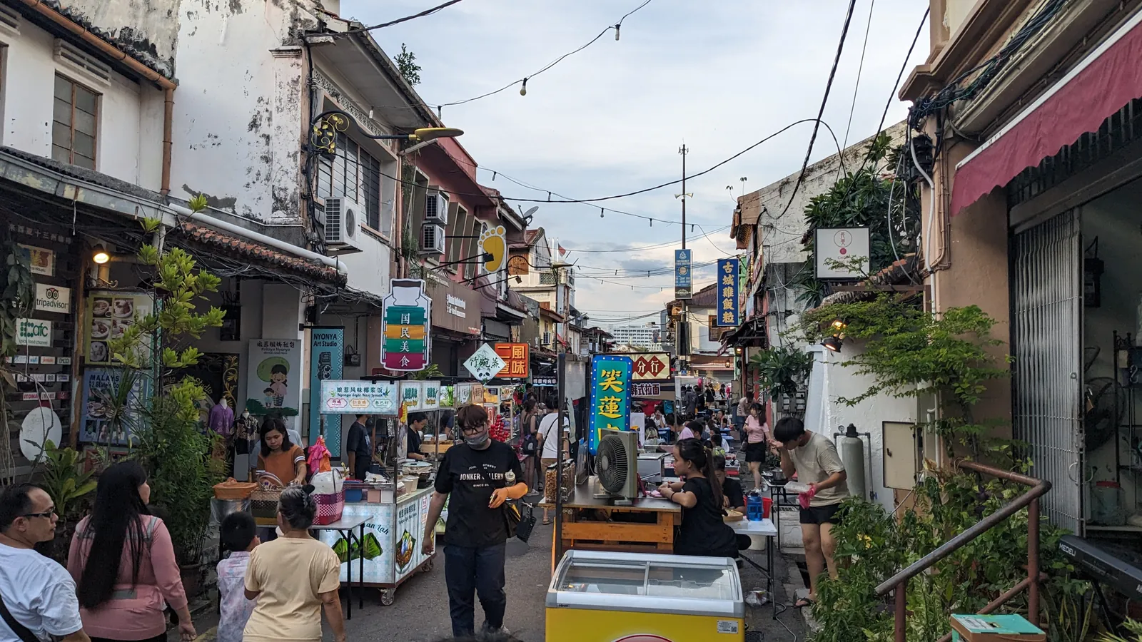 Food stalls, cafés and old shophouses along Jalan Hang Kasturi, a lane off Jonker Street in Melaka