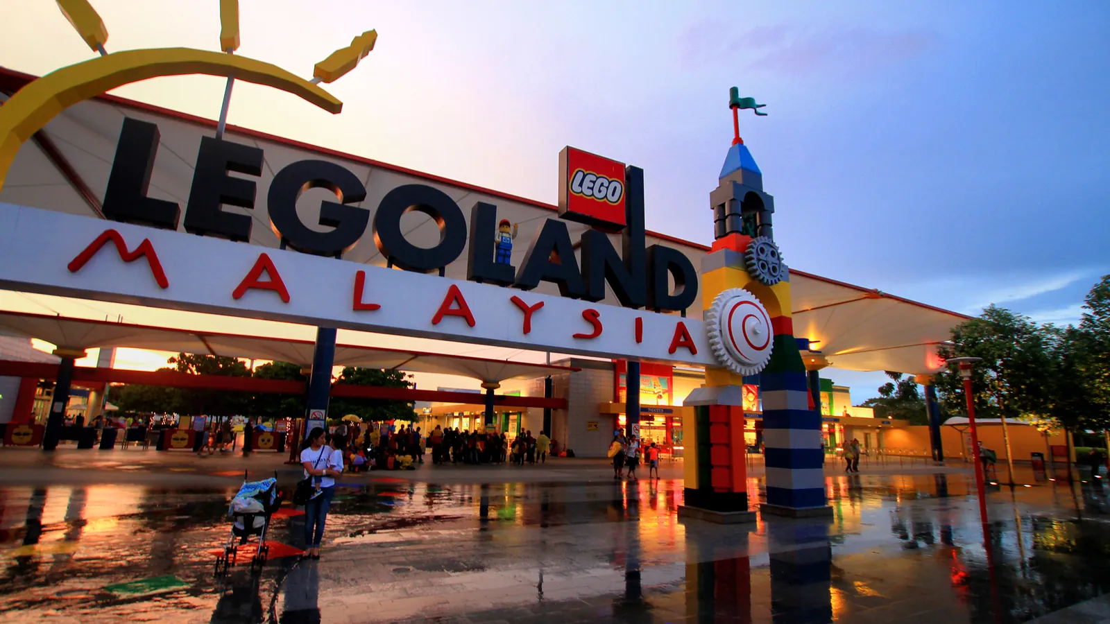Legoland Malaysia entrance arch with giant LEGO towers at sunset, Iskandar Puteri, Johor