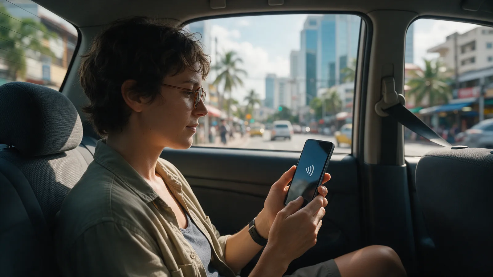 Traveller checking phone signal in the back seat of a car on a tropical city street