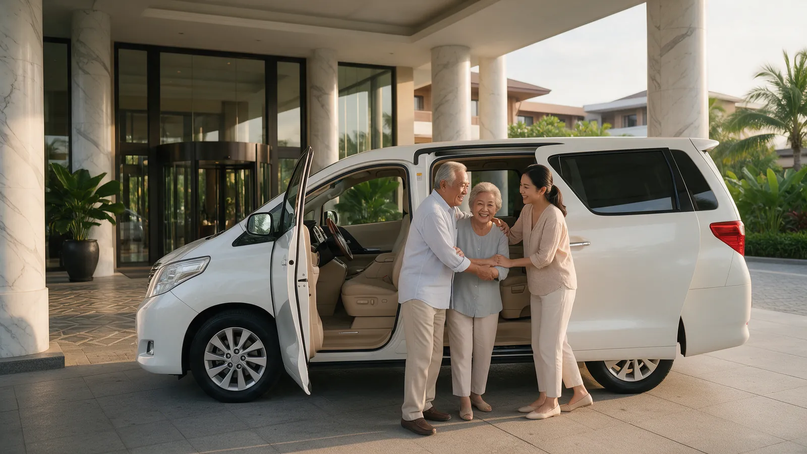 Daughter helping her elderly parents beside a white MPV at a hotel entrance