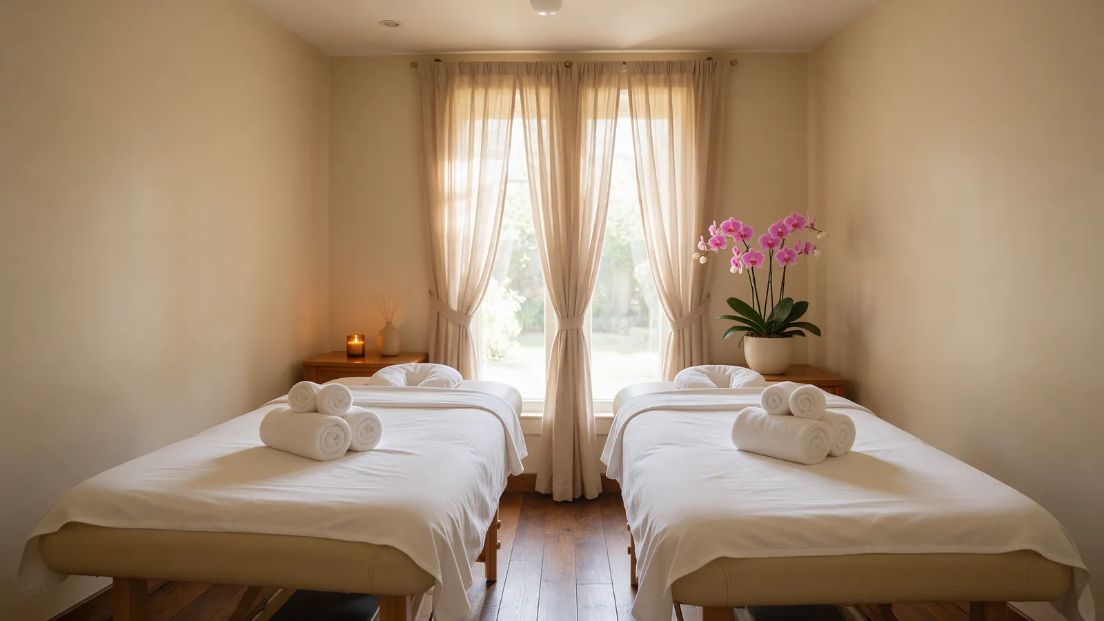 Calm day spa room with two massage beds, rolled towels and orchids
