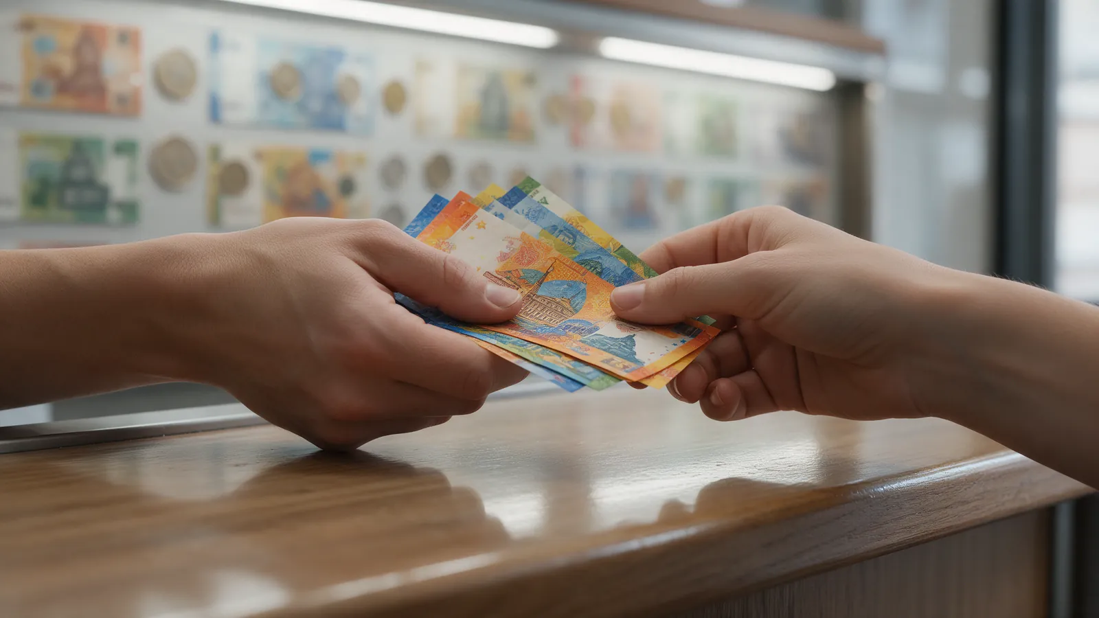 Hands exchanging colourful banknotes across a money changer counter