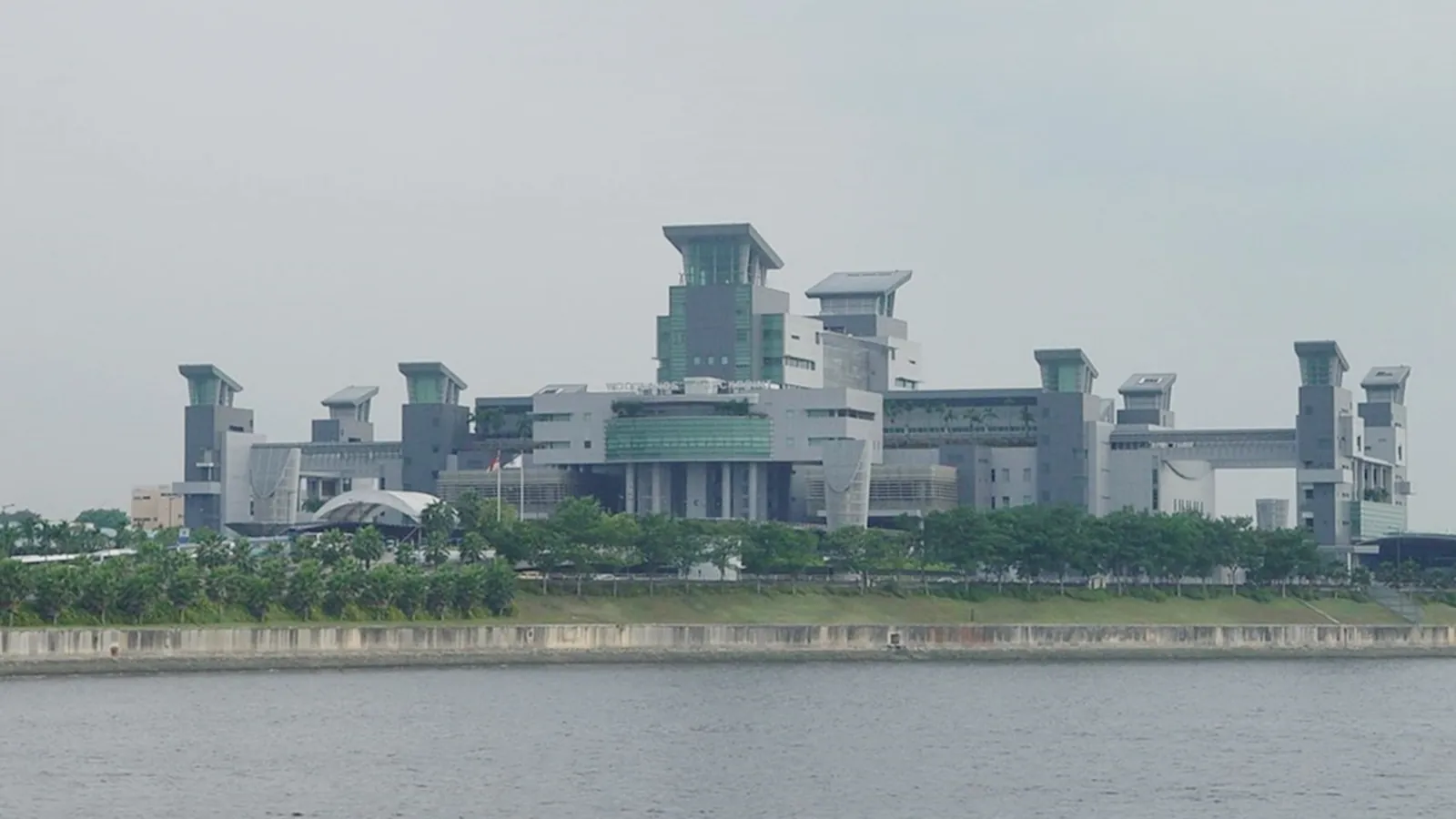 Woodlands Checkpoint building in Singapore seen from across the Straits of Johor