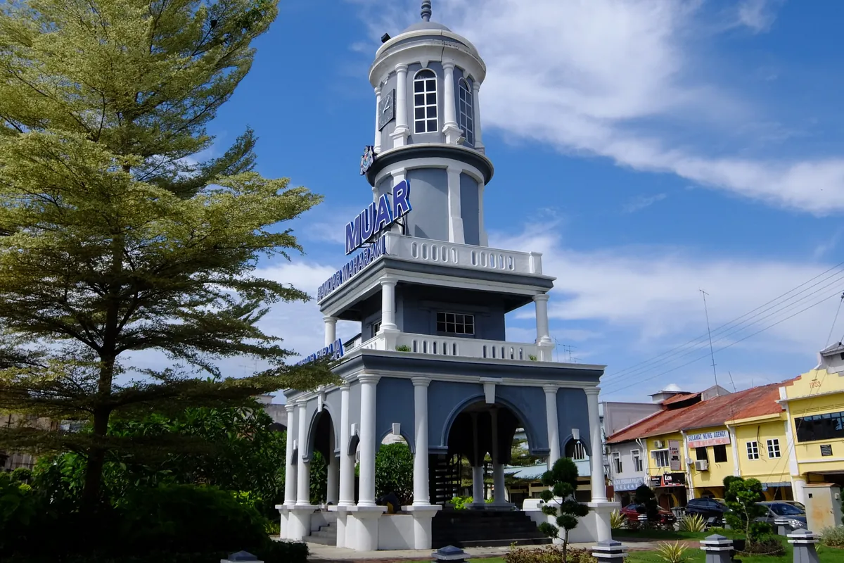 White and blue Muar Clock Tower in Muar town centre, Johor