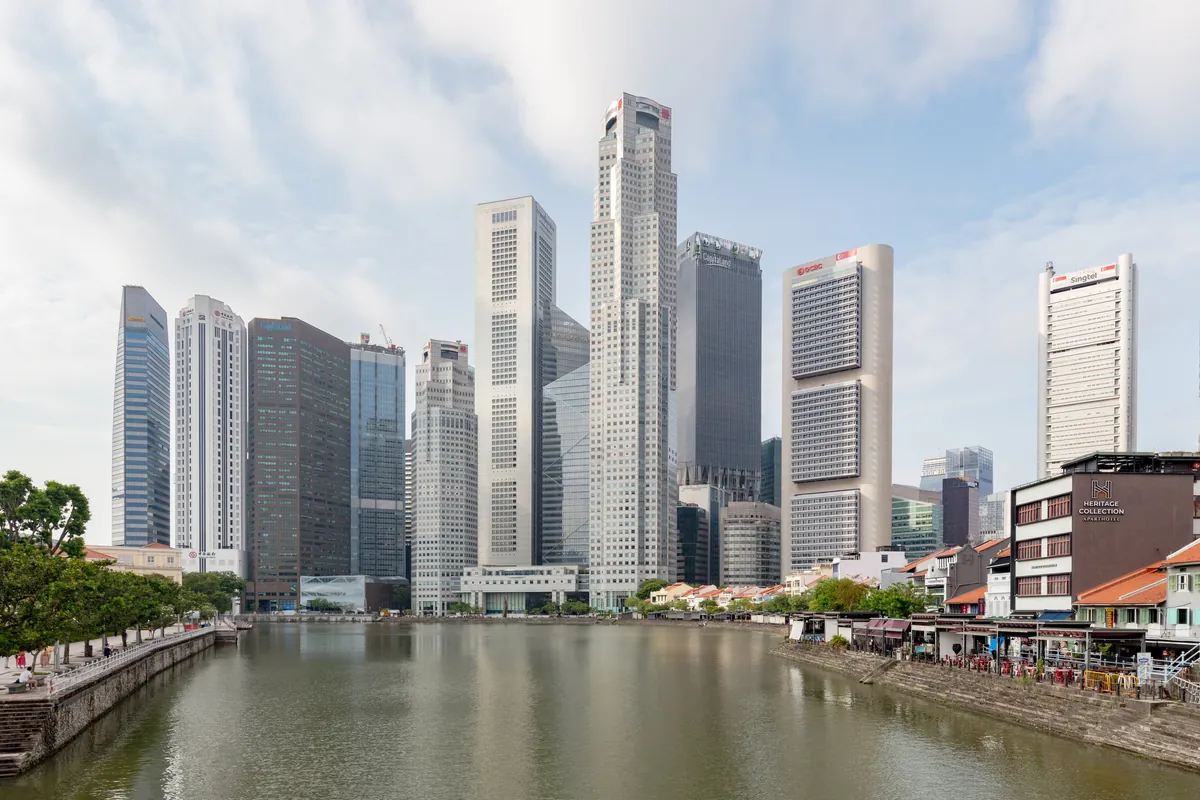 Singapore's CBD skyline over the Singapore River at Boat Quay