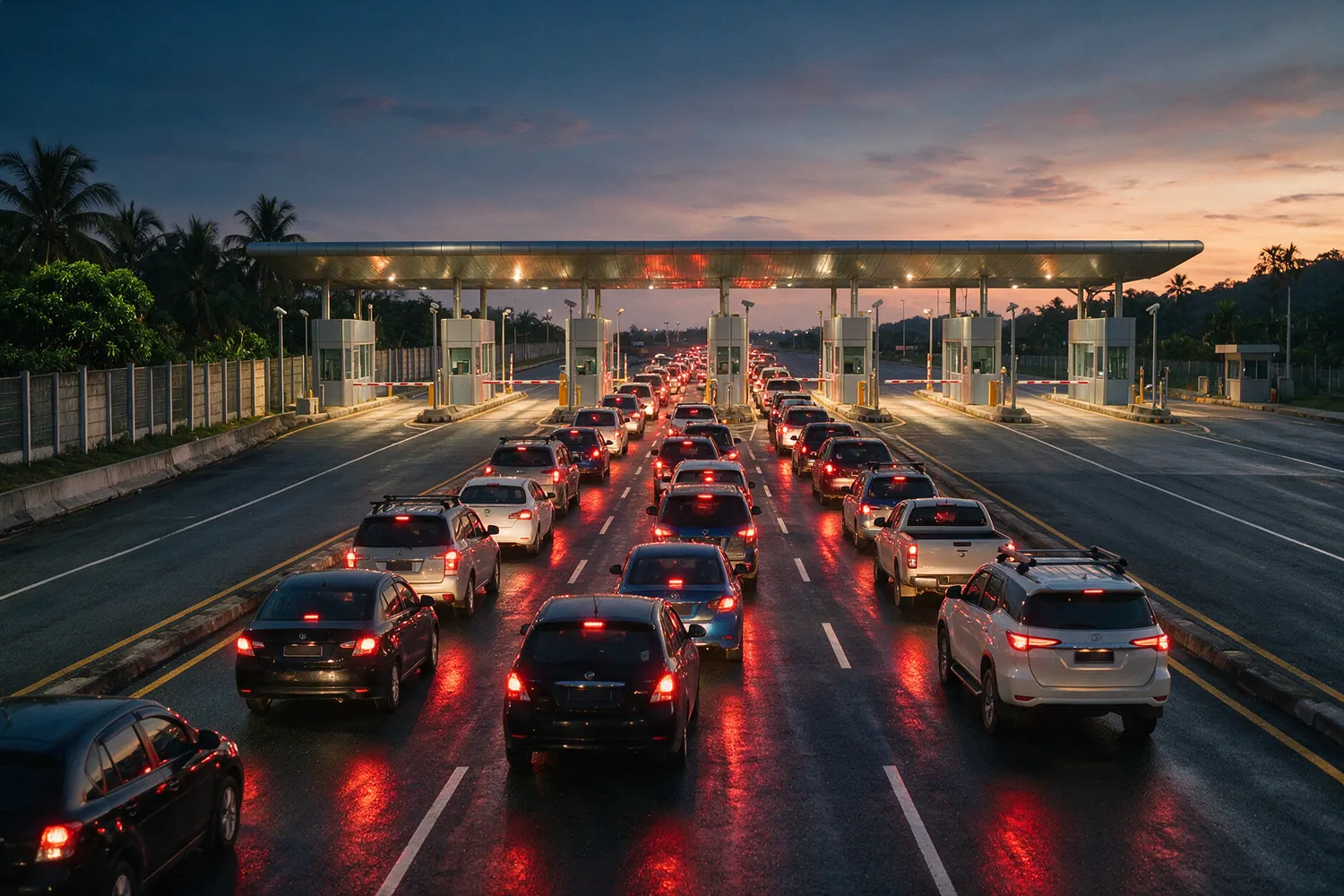 Cars queuing at border checkpoint booths at dusk