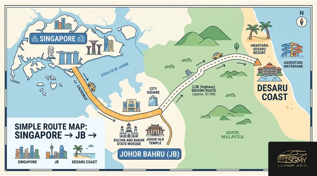 Singapore to Desaru day trip itinerary map 2026