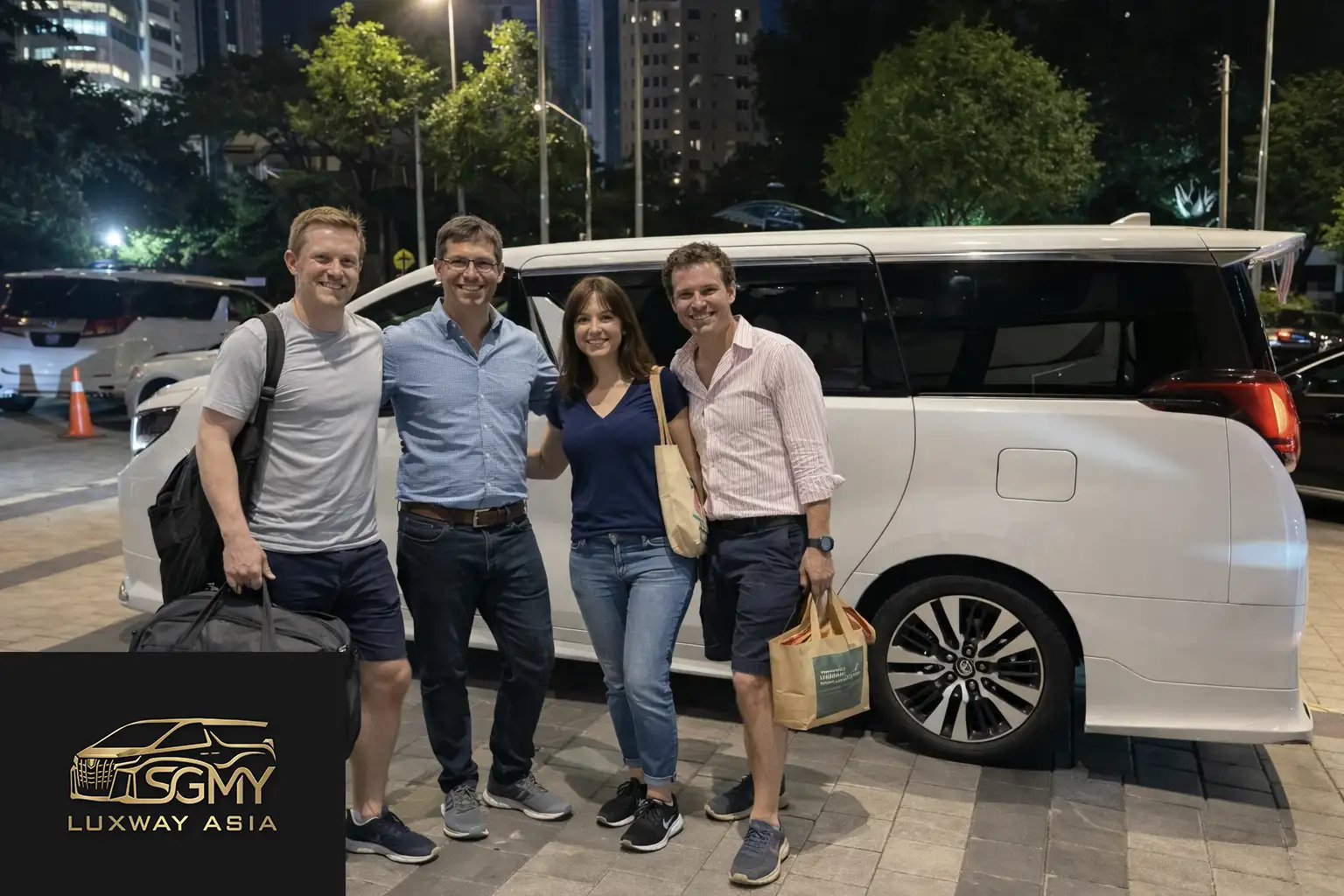 Travellers with a private MPV at night, ready for a Genting day trip from Singapore